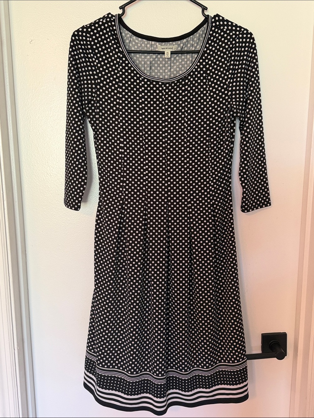 Max Studio Black White Polka Dot Dress 3/4 Sleeve Striped Trim Preppy